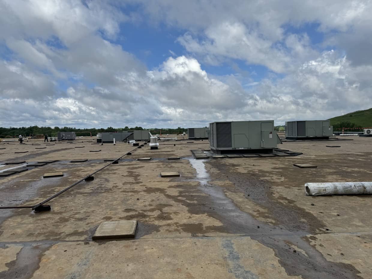 A TPO roofing project in progress for MRI Software headquarters.